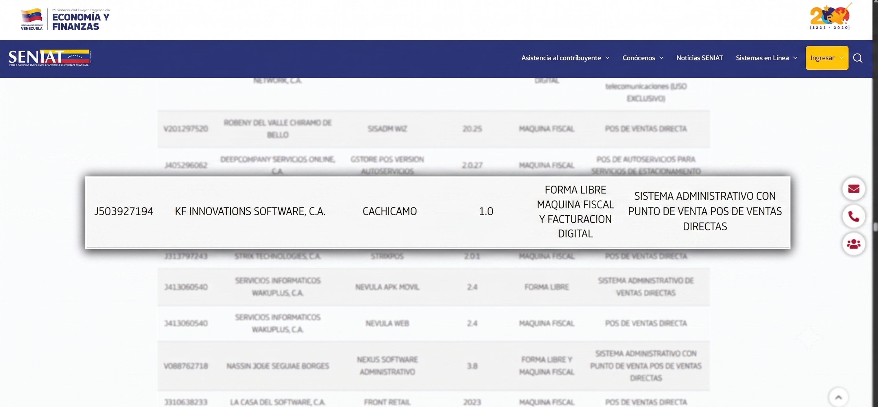 Registro de CACHICAMO (KF Innovations Software, C.A., RIF J503927194) en el listado oficial de software de facturación homologado del SENIAT
